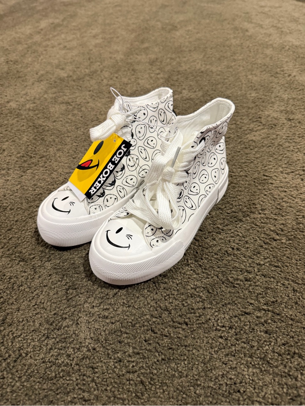 Joe Boxer White High-Top Sneakers with Black Smiley Faces Sz 13